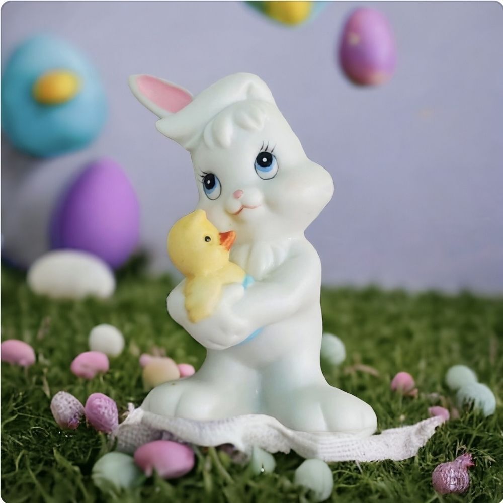 Lefton China Vintage Easter Bunny Holding a Duckie Decor - Retro Vintage 1980s